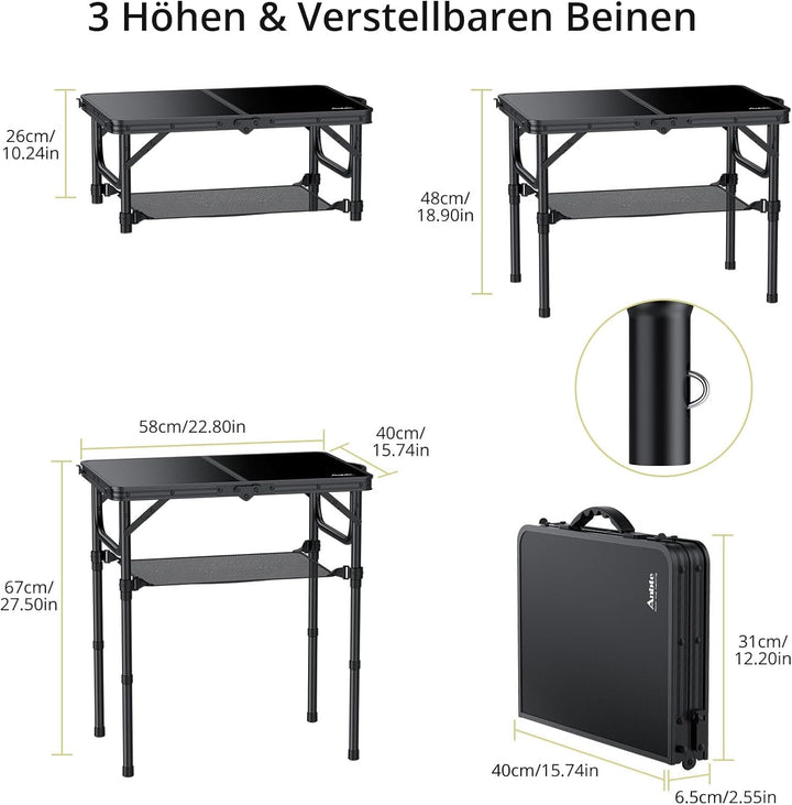 Anbte Campingtisch Klappbar 58x40cm Aluminium Silber-Rahmen Picknicktisch 3 Höhen Verstellbar 26/48/