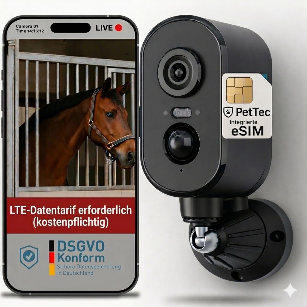 PetTec Cam Free 4G LTE Kamera ohne WLAN [LTE-Tarif kostenpflichtig] – Akku Outdoor Kamera für Stall,