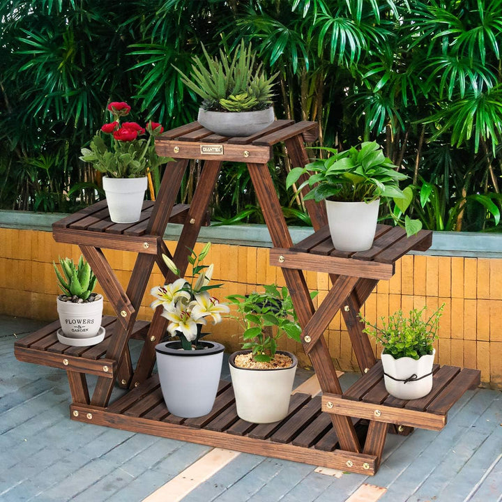GOPLUS 6 Ebenen Blumenregal, Pflanzenregal, Blumentreppe Holz für Garten & Balkon, 99x25x64cm