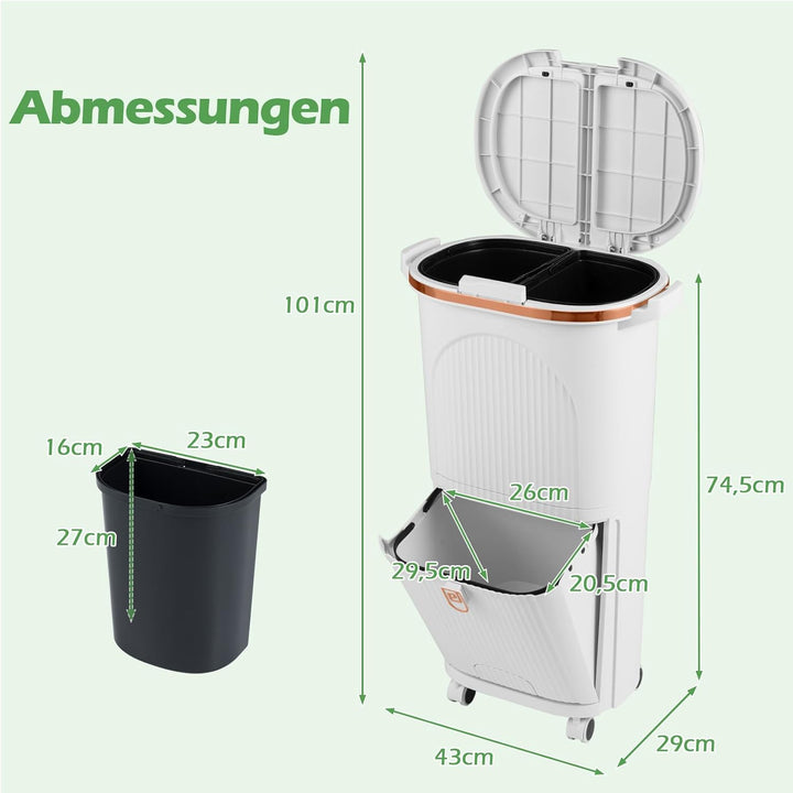 COSTWAY Mülleimer Küche, Mülltrennsystem 3 Fächer, 2 x 12L Inneneimer & 14L Treteimer, Abfalleimer m