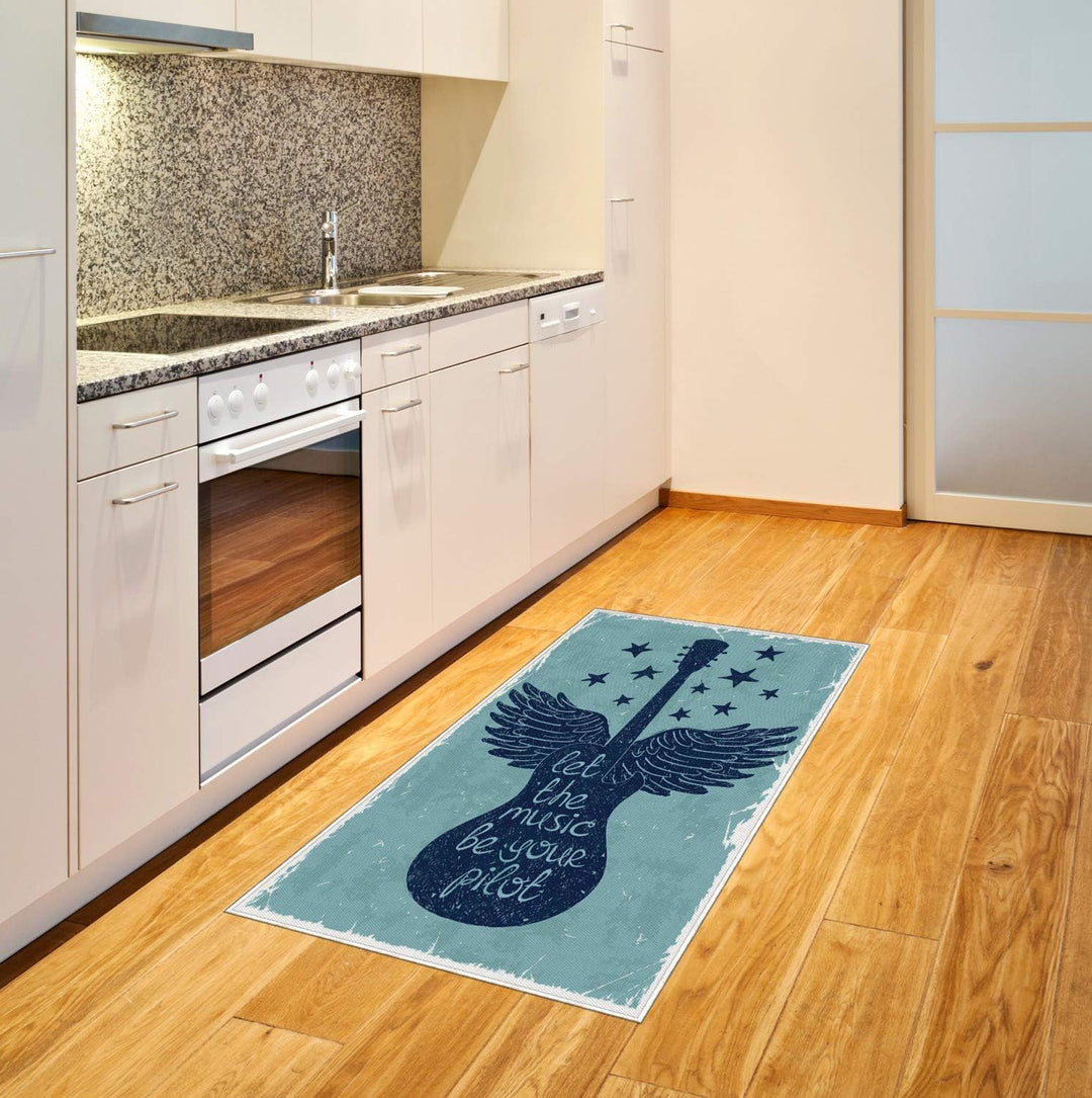 ABAKUHAUS Retro Teppich, Musik-Gitarren-Flügel blau, Deko-Teppich Digitaldruck, Färben mit langfrist