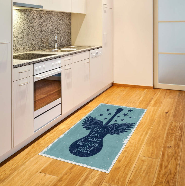 ABAKUHAUS Retro Teppich, Musik-Gitarren-Flügel blau, Deko-Teppich Digitaldruck, Färben mit langfrist