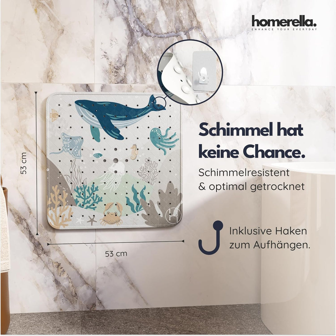 Homerella® Duschmatte rutschfest Kinder - 100% BPA frei Inkl. 2 Haken zum Aufhängen 53x53cm - Antiru