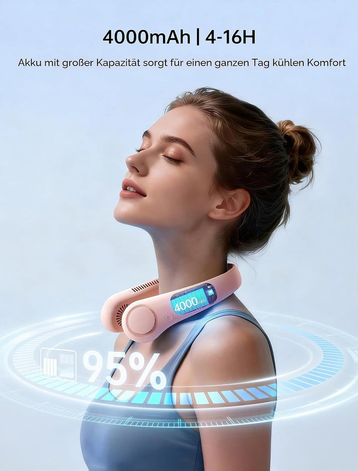 JISULIFE Tragbarer Nackenventilator, Hals-Ventilator ohne Flügel, 5 Geschwindigkeiten, 4000 mAh Batt