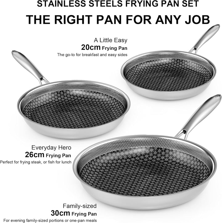 RIOVARM Edelstahl Bratpfannen Set Induktion Antihaft Pfannenset 20cm 26cm 30cm Wok Pfanne mit Edelst