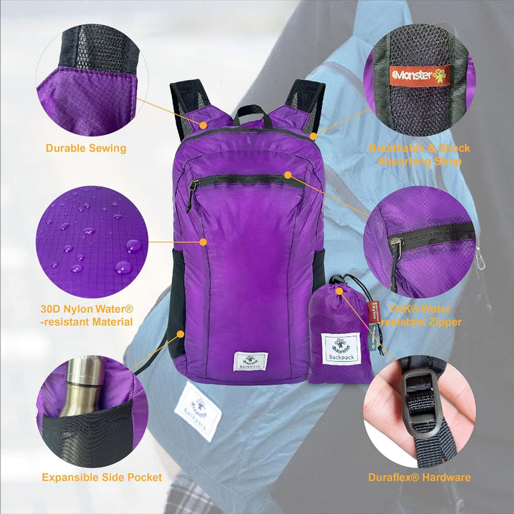 4Monster Faltbarer Rucksack Ultra Leicht, Unisex Tagesrucksack Outdoor, Wasserdichter Wanderrucksack