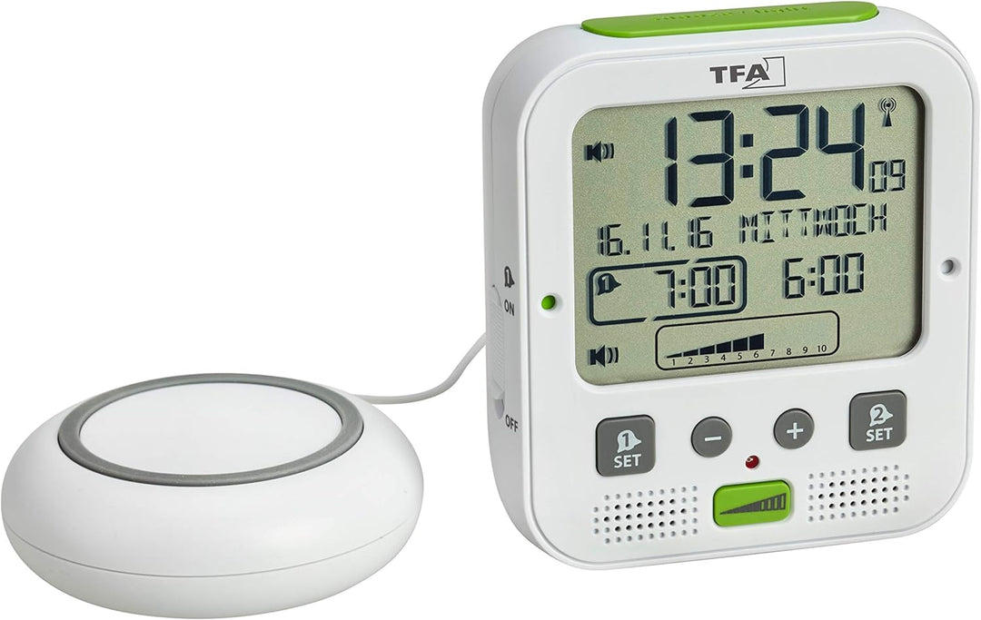 TFA Dostmann Boom Funkwecker, Laut mit Vibrationsalarm, Snooze-Funktion, einstellbare Lautstärke und