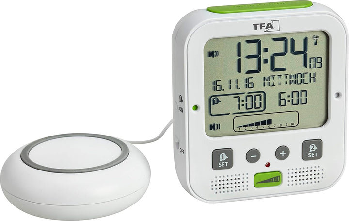 TFA Dostmann Boom Funkwecker, Laut mit Vibrationsalarm, Snooze-Funktion, einstellbare Lautstärke und