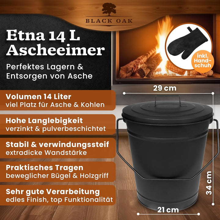 BLACK OAK Ascheeimer Etna 14L mit Lederhandschuh – schwarz mit Deckel - gross 14 Liter - Stahl feuer