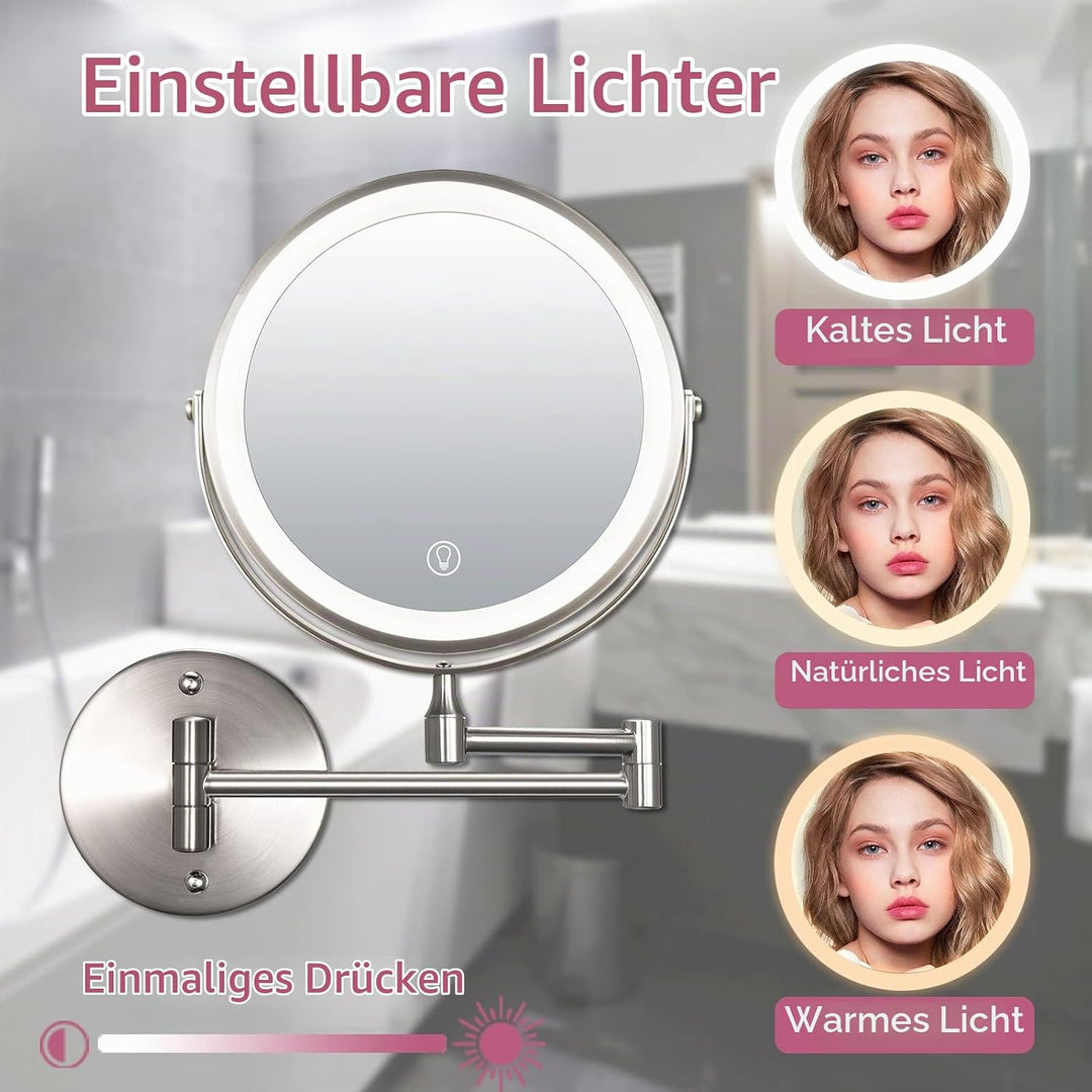 Wiederaufladbar Kosmetikspiegel mit 1X/10X Vergrösserung LED Beleuchtung, Dimmbarer Rasierspiegel 3