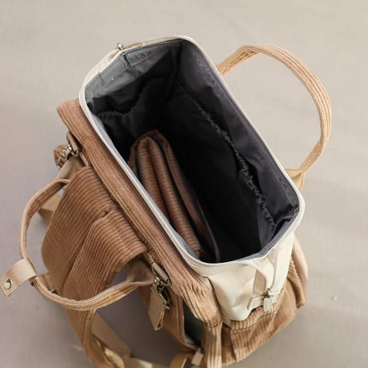LIINI® Wickelrucksack Cord Braun – 29L Wickeltasche Rucksack mit Wickelunterlage, Kinderwagen-Halter