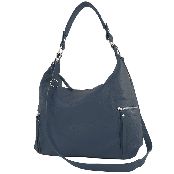 modamoda de - T229 - ital Schultertasche Shopper aus Leder Dunkelblau, Dunkelblau