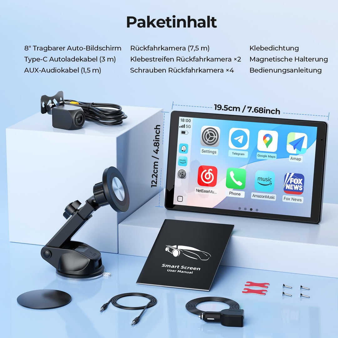 8'' Tragbares Carplay Display für Apple CarPlay & Android Auto, 1440x900 HD Display, Magnetische Hal