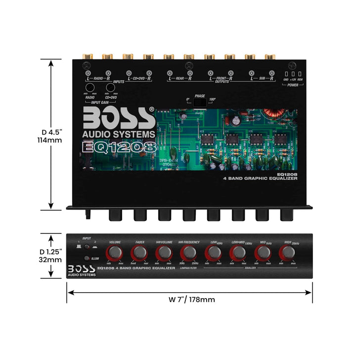 Boss Audio EQ1208 Verstärkter 4-Band-Equalizer mit Subwoofer-Steuerung 4-Band-Vorverstärker-EQ, 4-Ba