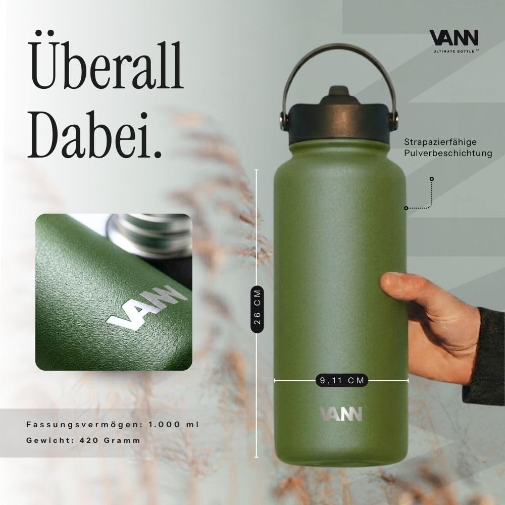 VANN Trinkflasche 1L mit Strohhalm - Thermosflasche isoliert [24h kalt, 12h warm] - Trinkflasche Ede