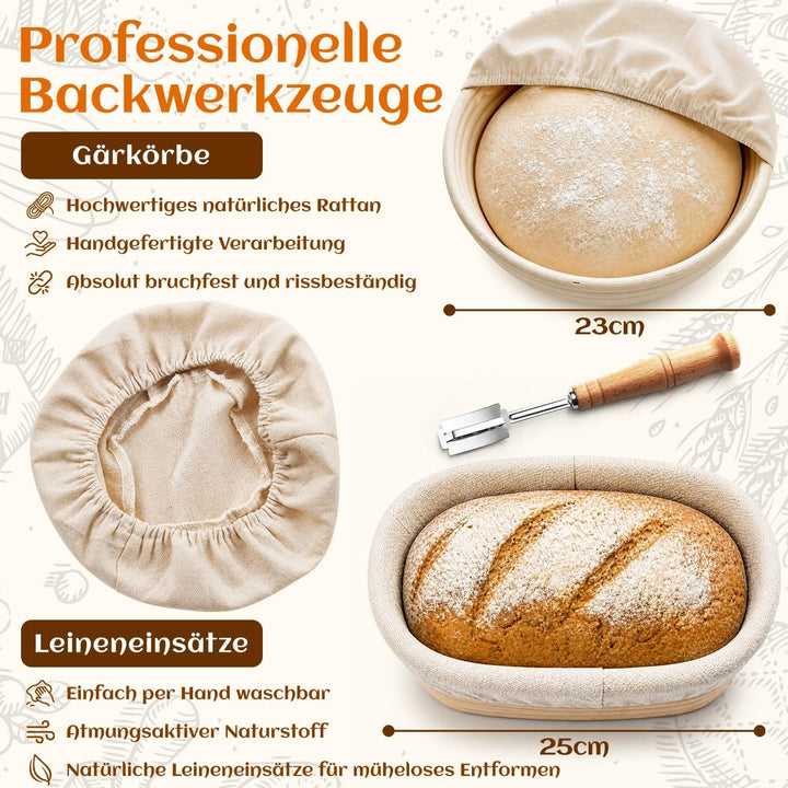 Gärkörbchen Sauerteig Starter Set, 2 Rattan Gärkörbchen (25cm Ovale & 23cm Runde), Sauerteig Glas, K
