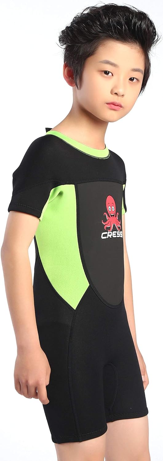 Cessi Smoby Shorty Wetsuit - Unisex Shorty Neoprenanzug 2 mm für Kinder Schwarz/Grüner Fluo 2/3 Jahr