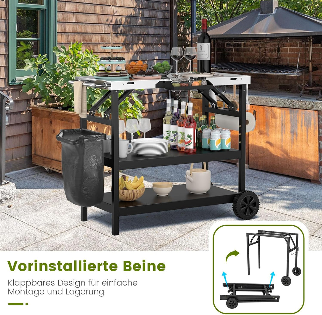 COSTWAY Grilltisch mit 3 Ablagen, Grillwagen mit Verstellbarer Ablage, Telefonständer, Gewürzregal,