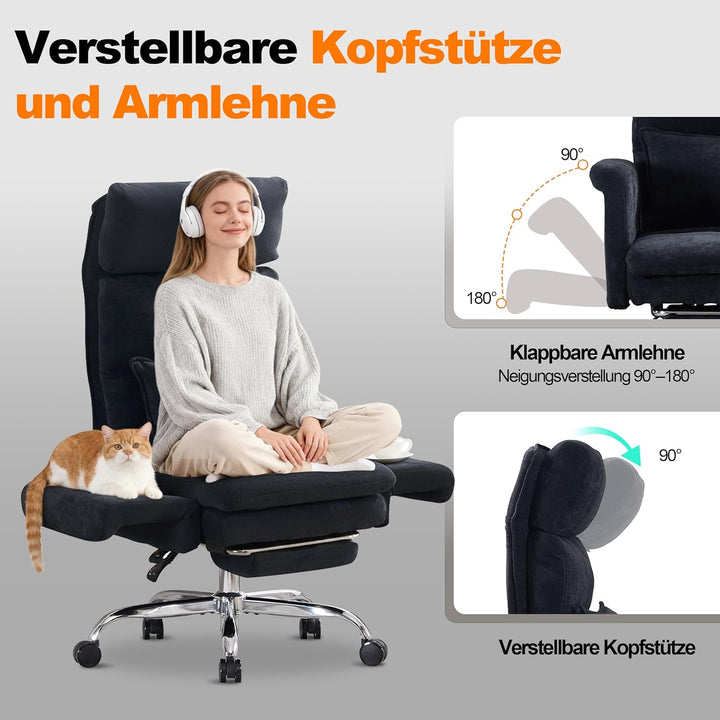 UEV Bürostuhl Ergonomisch mit Fussstütze bis 226kg,klappbare Armlehnen/Dicker Sitzpolsterung/Verstel