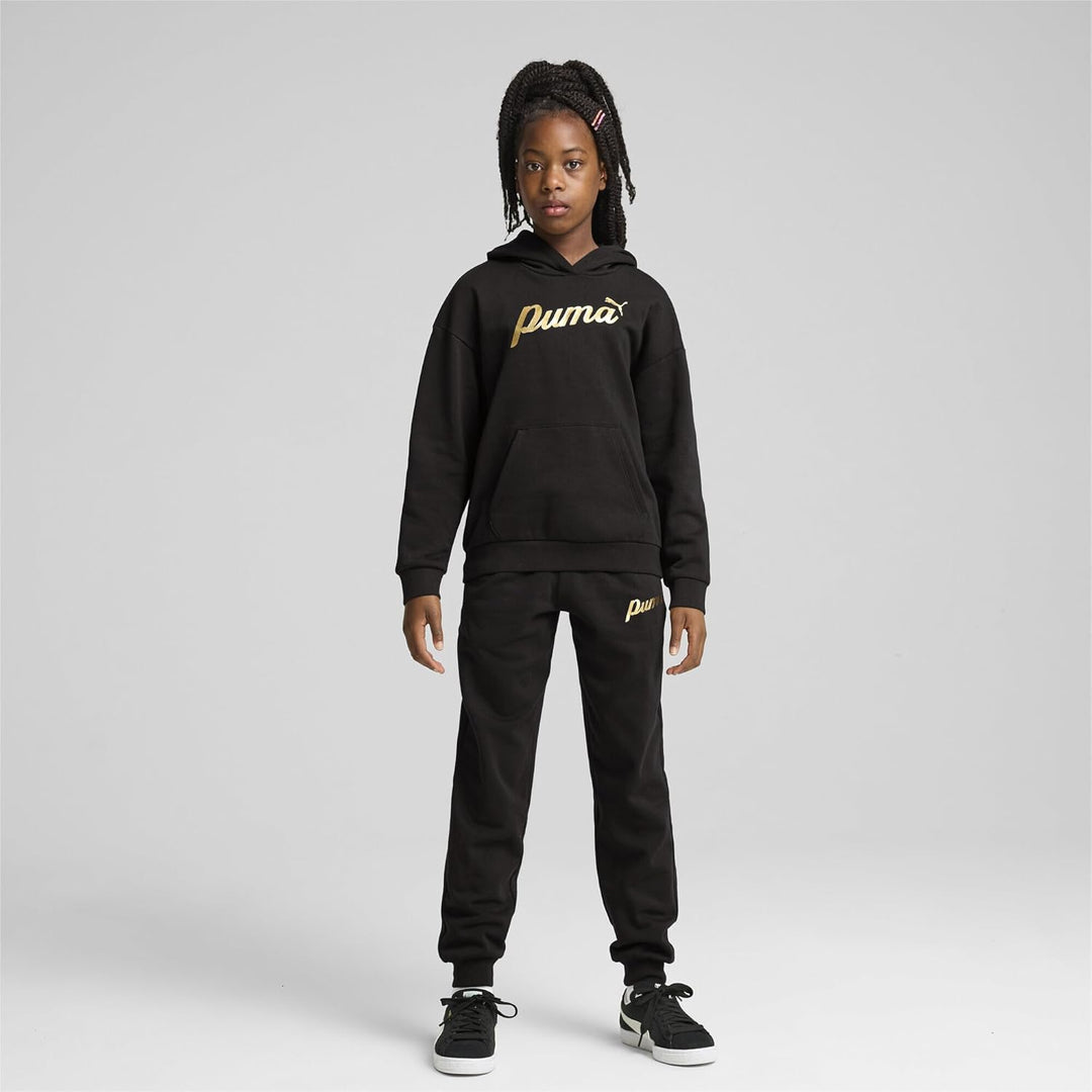 PUMA Mädchen ESS+ Script Metallic Hoodie FL G Schweiss 116 Black Gold Foil, 116 Black Gold Foil