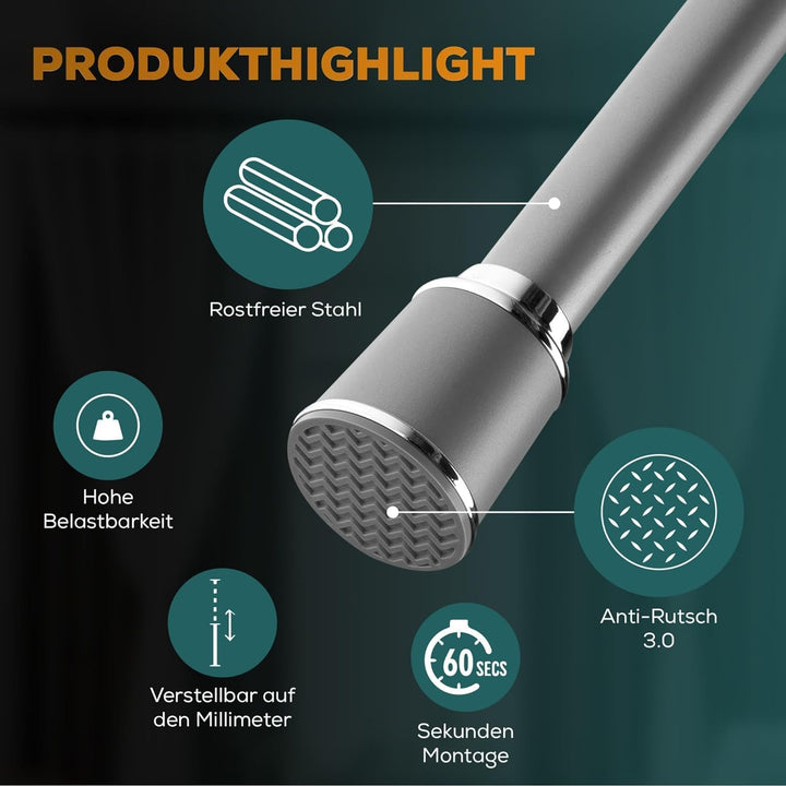 Teleskopstange zum Klemmen 220-270cm, Grau, Ø 32 mm, Multifunktionale Spannstange ohne Bohren - Vorh