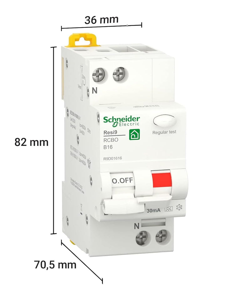 Schneider Electric FI LS RESI9 1P+N 16A B 30MA TYP A 6KA, R9D01616, Grau Ausschaltevermögen 6kA Nenn