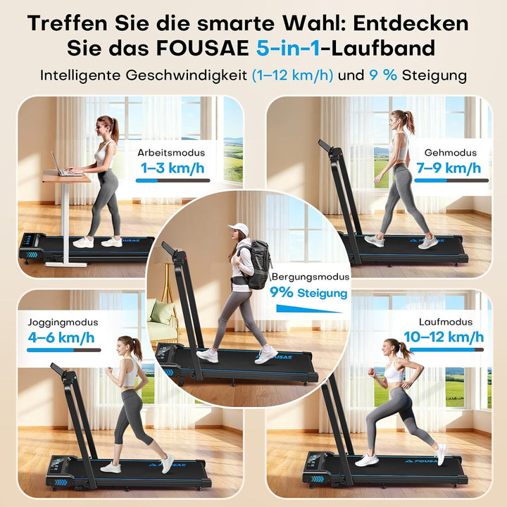 Laufband für Zuhause, 5 in 1 Walking Pad, 12km/h Klappbar Laufband mit 9% Steigung, 2.75HP Walking M