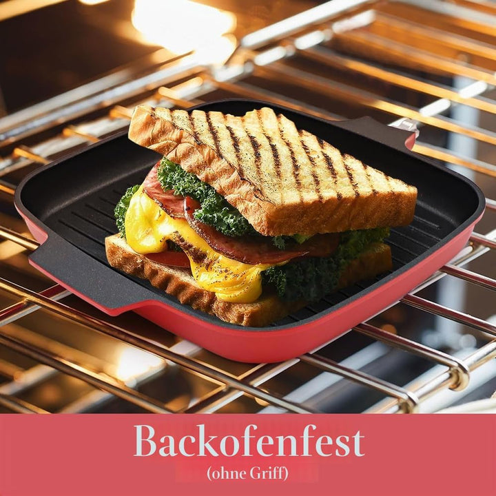 Grillpfanne Induktion mit Deckel 26 x 24 cm, Steakpfanne Eckig mit Abnehmbarer Griff, Grill Pfanne A