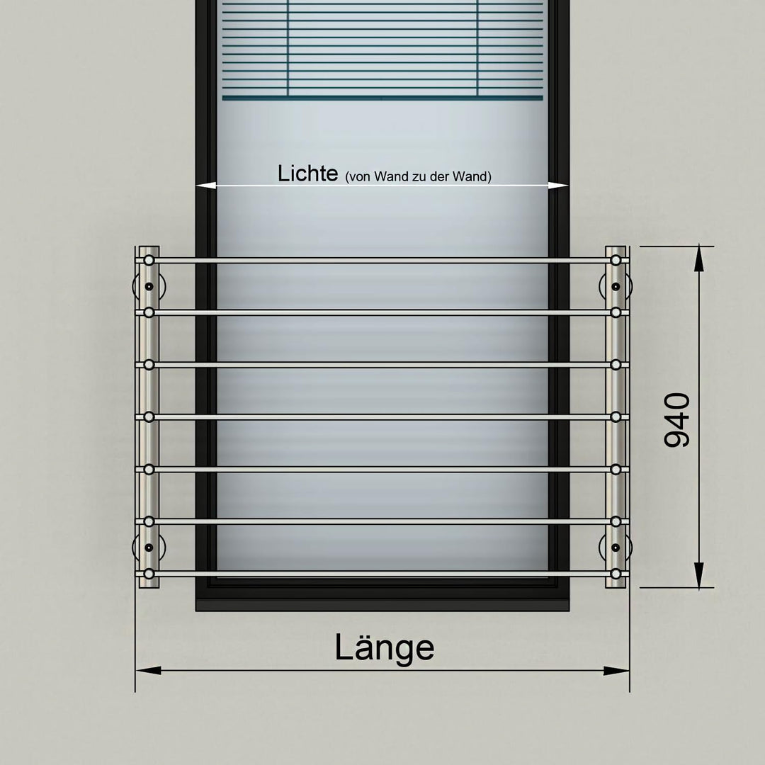 Edelstahl V2A Französischer Balkon, Querstabgeländer, Aussenbefestigung. Verschiedene Grössen: 100x9