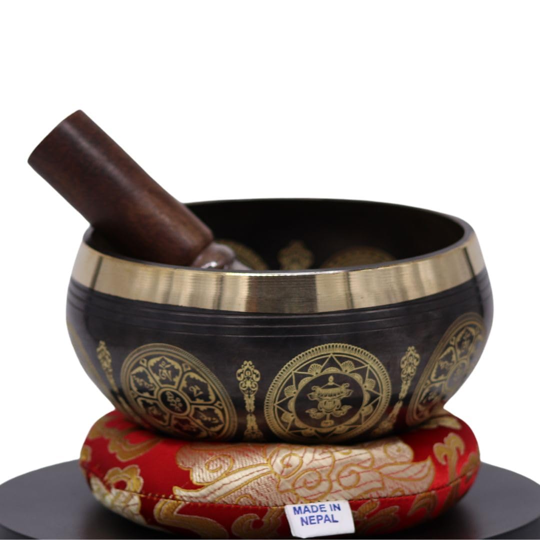 Original tibetische Klangschale mit Sockel und Holzklöppel - handgefertigt in Nepal für Heilung, Bew