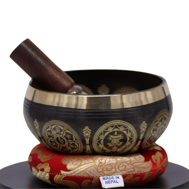 Original tibetische Klangschale mit Sockel und Holzklöppel - handgefertigt in Nepal für Heilung, Bew