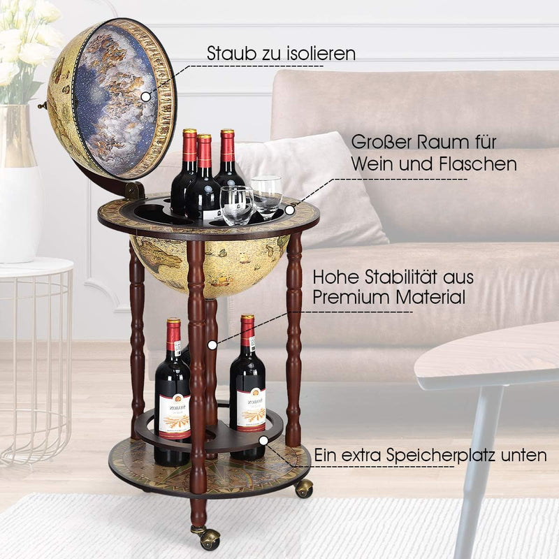 DREAMADE Globus Bar Barwagen, Weinregal auf Rollen, Minibar Globus Hausbar, Servierwagen mit Klassis