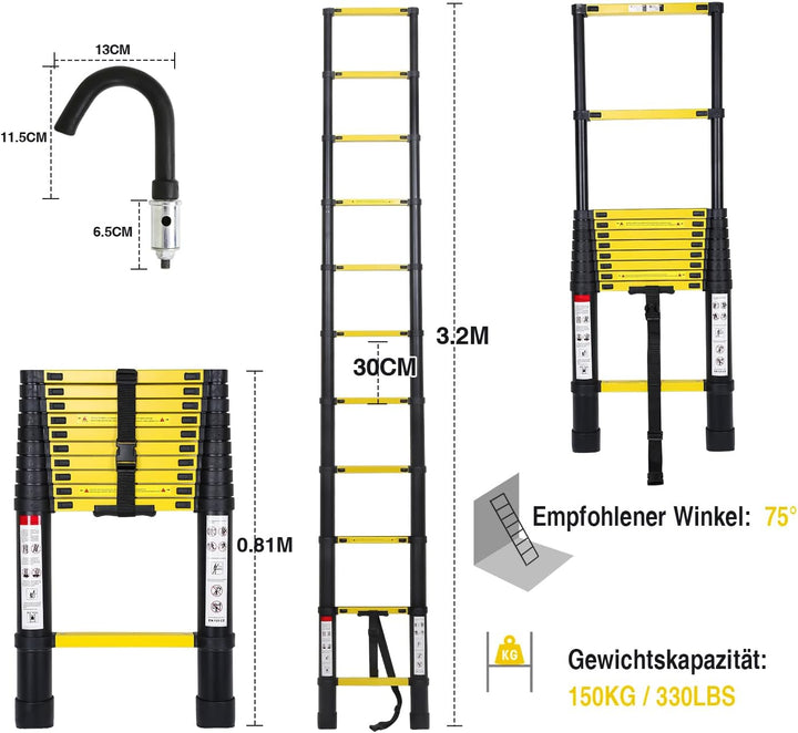 Eulenke 3,2M Teleskopleiter, Rutschfester Aluminium Multifunktionsleiter mit 2 Haken, Ausziehleiter