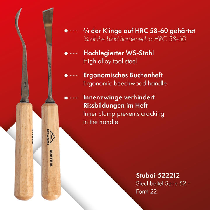 STUBAI Stemmeisen Stechbeitel Serie 52 - Form 22 | Gekröpftes, linksschräges Balleisen 12 mm, mit Ho
