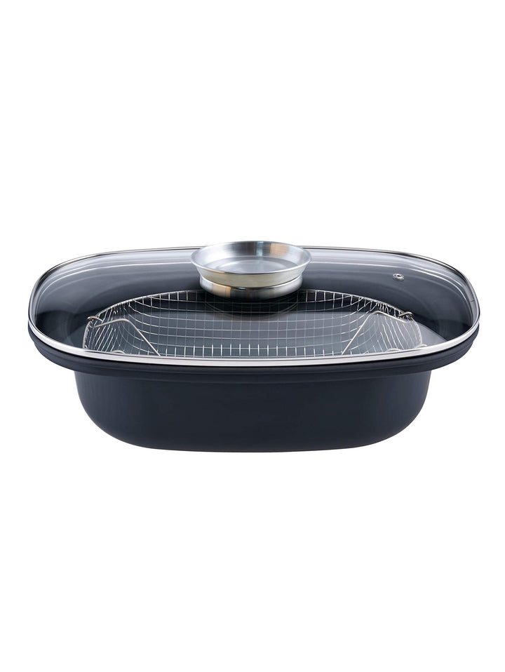 GSW 414593 Aromabräter mit Einsatz 39x25cm, Karbon-Stahl, Edelstahl rostfrei, Glas, schwarz