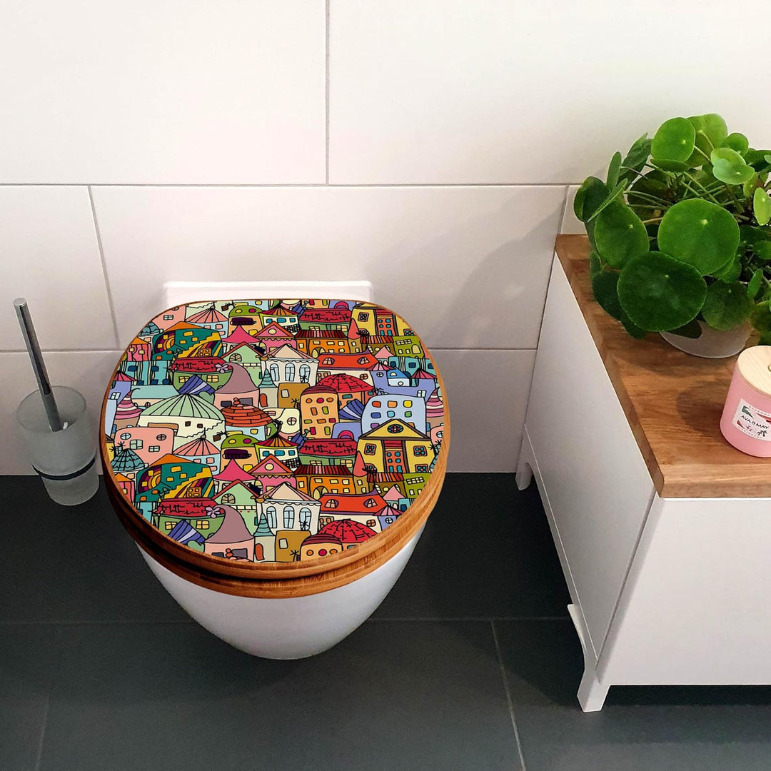 banjado® Design WC Sitz Bambus Absenkautomatik mit Motiv Funky Town/Toilettendeckel mit Absenkautoma