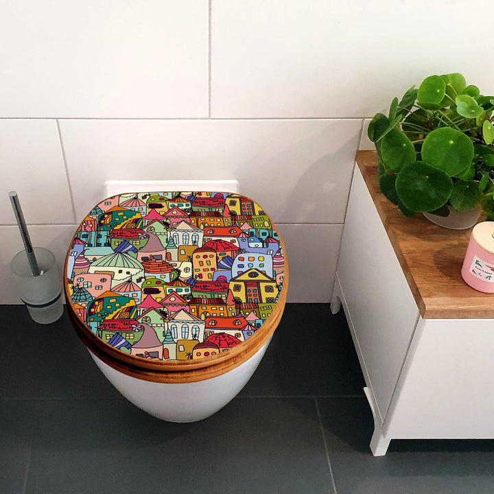 banjado® Design WC Sitz Bambus Absenkautomatik mit Motiv Funky Town/Toilettendeckel mit Absenkautoma