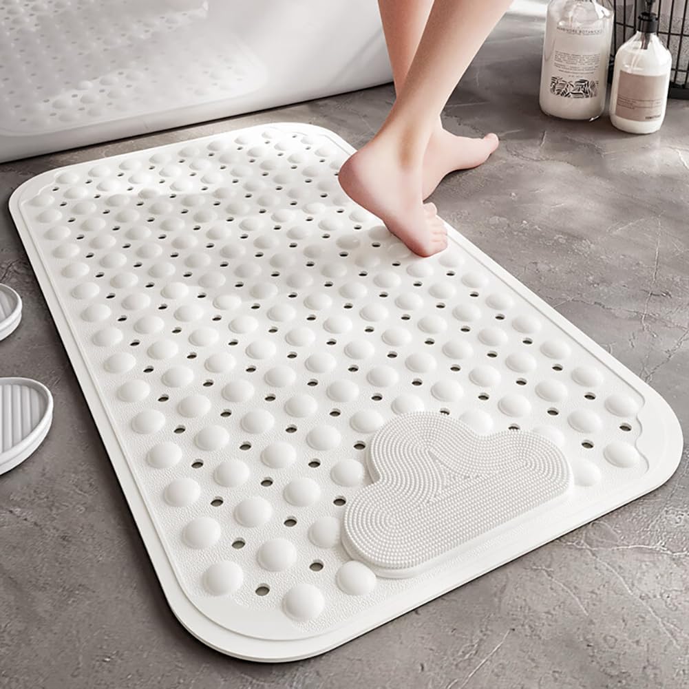 Duschmatte rutschfest 106x66cm,Antirutschmatte Dusche aus TPE,Weiss | mit Fussbürsten-Zone,mit Saugn