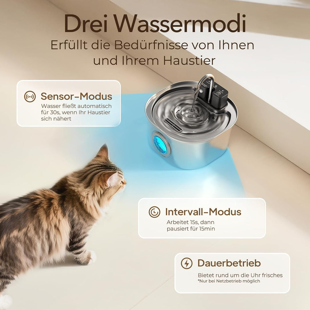 Voluas Edelstahl Katzenbrunnen - Drahtloser Haustierbrunnen mit Batteriebetrieb, 108oz/3,2L, Automat