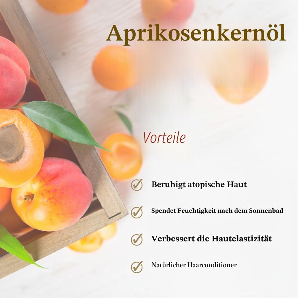 Organisches Aprikosenkernöl NATIV 100% Reines Bio-Öl Intensive Feuchtigkeitspflege Ideal für Trocken