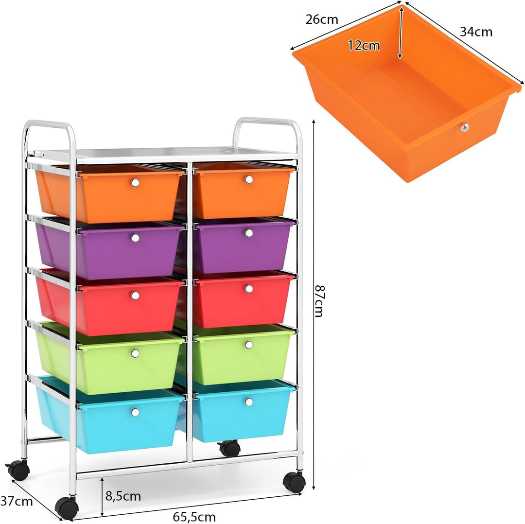 GOPLUS Rollwagen mit 10 Schubladen stapelbar, Rollcontainer mit Ablage & Metallgestell, Badregal, Au