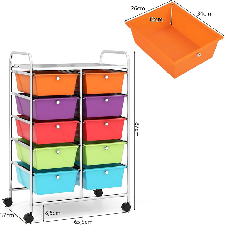 GOPLUS Rollwagen mit 10 Schubladen stapelbar, Rollcontainer mit Ablage & Metallgestell, Badregal, Au