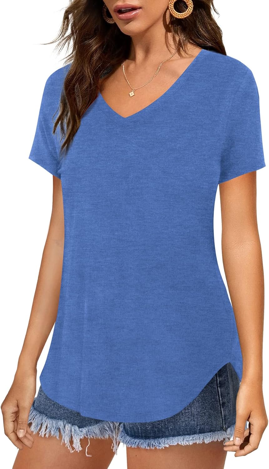 Florboom Tunika Damen Langarm/Kurzarm V Ausschnitt Oberteil Shirts Basic Casual Longshirt S Ab-blau,