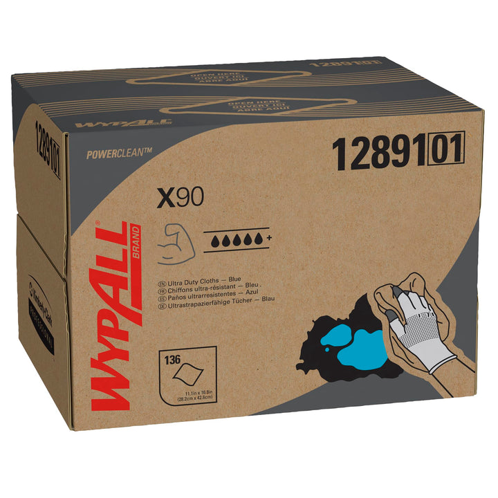 WypAll X90 Power Clean Tücher 12891 – 1 BRAG Box mit 136 blauen, 2-lagigen Tüchern