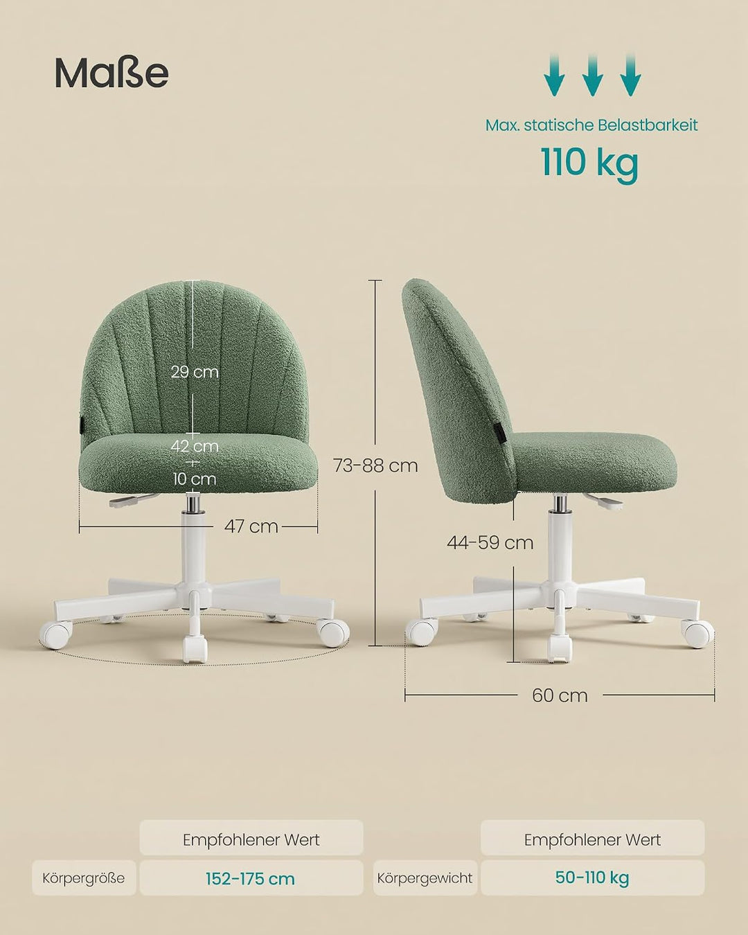SONGMICS Homeoffice-Stuhl, Schminkstuhl aus Teddy-Fleece, Schreibtischstuhl, Schaumstoffpolsterung,