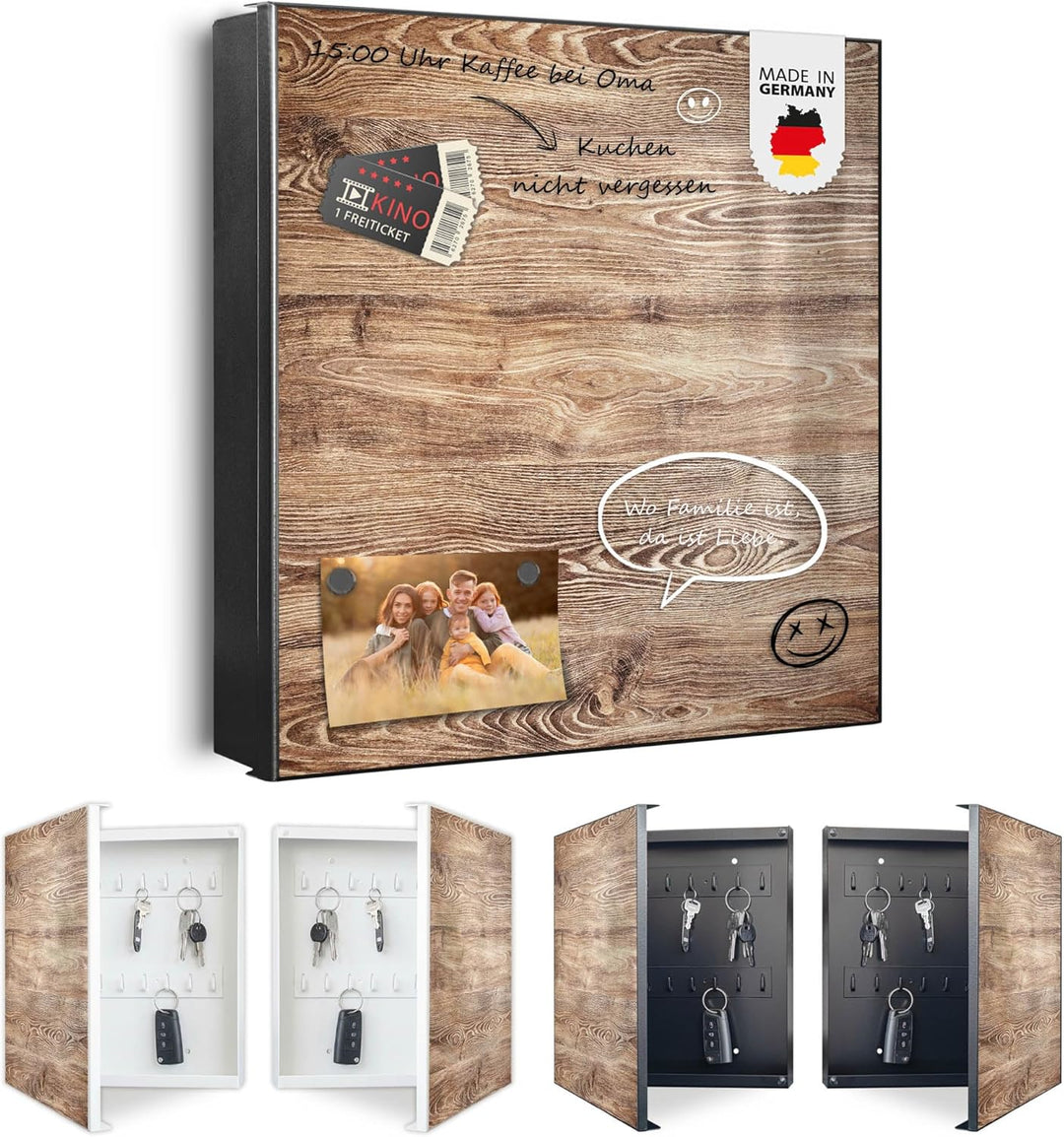 banjado® Grosser Schlüsselkasten Glas/Schlüsselbox 30cm x 30cm mit 50 Haken - Motiv Maserung/Schlüss