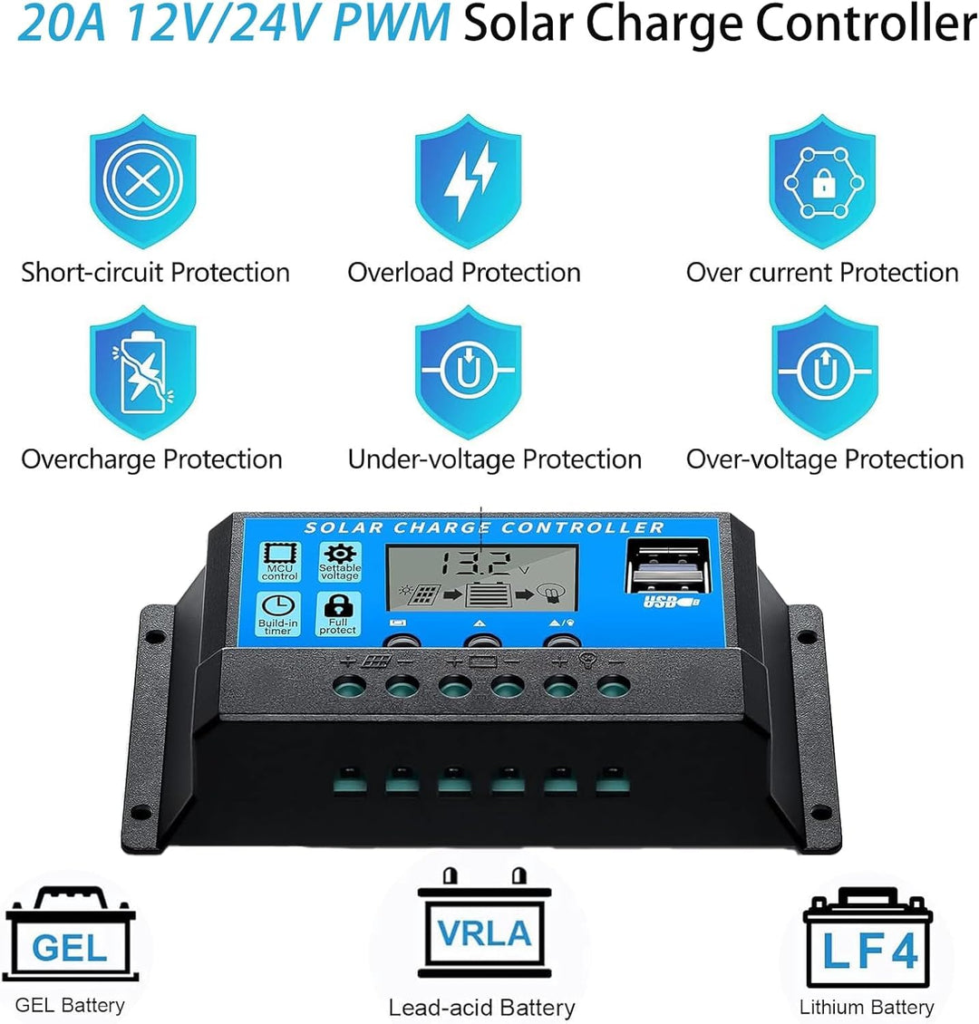 Solarpanel-Kit 200W Monokristallines 2X100Watt Glas 18V Solarmodul+20A 12V/24V Solarladeregler+Solar