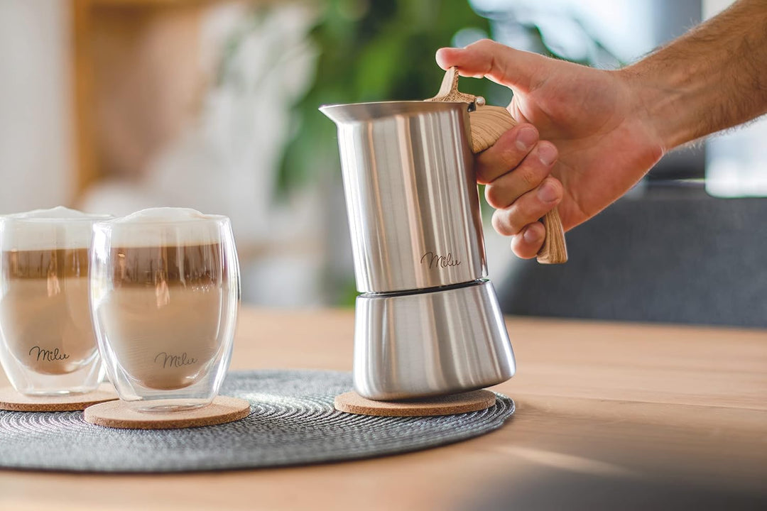 Milu Espressokocher (2 Cup No Induktion) | 2, 4, 6, 9 Tassen | Edelstahl Mokkakanne, Espressokanne,