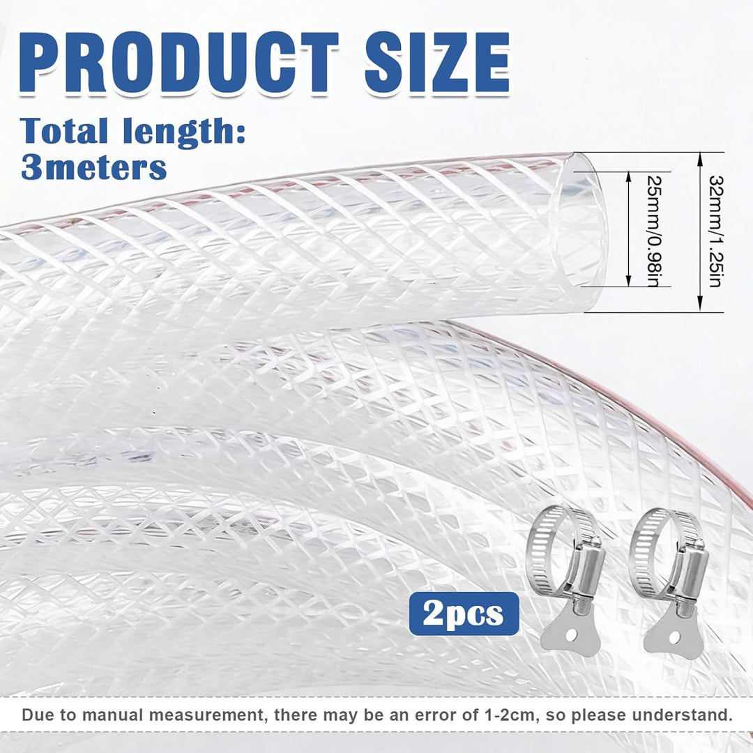 PVC Schlauch 25 x 32 mm – Klarer Geflochtener Saug- Und Druckschlauch Inkl. 2 Schlauchschellen, Flex