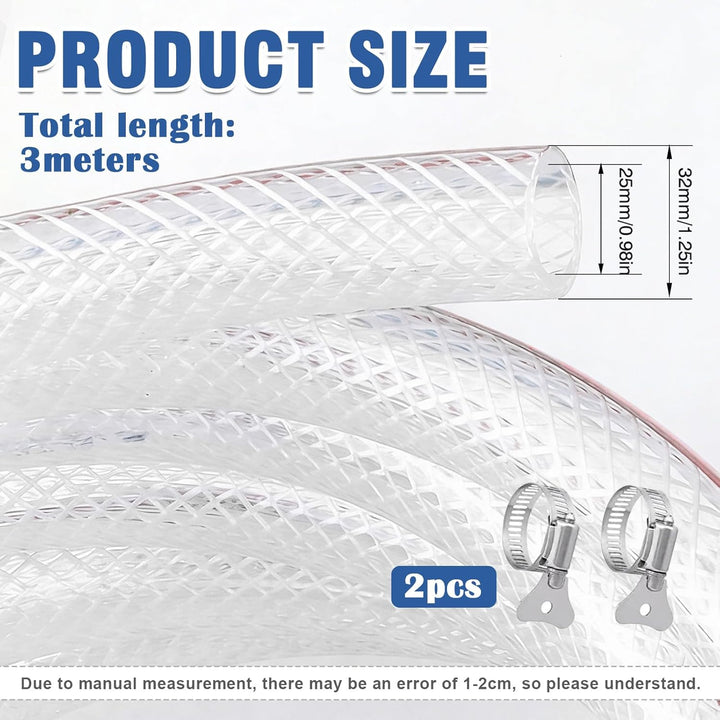 PVC Schlauch 25 x 32 mm – Klarer Geflochtener Saug- Und Druckschlauch Inkl. 2 Schlauchschellen, Flex
